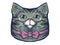 Illustration of cute cartoon tabby cat wearing glasses and bow tie looking straight. Cat portrait