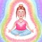 Illustration of cute cartoon woman sitting in lotus position. Meditation, aura around the body, the colors of the chakras