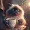 Illustration of cute cat holding cup of coffee, good morning