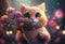 Illustration of cute dreamy kitten holding bouquet of flowers. Generative AI