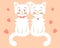 Illustration cute enamored white kitties on a background with hearts. Print for Valentine\\\'s Day, wedding day.