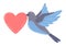 Illustration of cute flying bird and holding heart. Image of birdie in simple style.