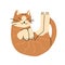 Illustration of cute funny cat with strange pose. Isolated trendy simple art of joyful orange cat.