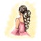 Illustration of a cute gentle girl with long beautiful shiny hair, braided in a pigtail, dressed in a delicate pink dress