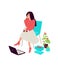 Illustration of a cute girl sitting in a chair. Vector. Female shopper, shopaholic makes purchases on the Internet. Fashionable ca