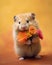 illustration of cute hamster holding some country flowers in hand, neutral background, love and kindness concept, ai generated