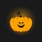 Illustration of a cute kind orange halloween pumpkin with two sharp black teeth with a yellow shadow on a dark gray