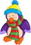 Illustration of a cute little baby penguin, dressed for winter, with scarf and hat, in color, perfect for children`s book