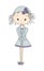 Illustration of a Cute Little Doll Girl with Flower. Design Dress. Comic journal style