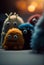 Illustration of cute little felt monsters. Felt monsters in a movie scene and dramatic lighting