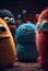 Illustration of cute little felt monsters. Felt monsters in a movie scene and dramatic lighting