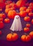 Illustration of cute little ghost surrounded by pumpkins