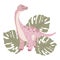 Illustration, cute pink dinosaur and tropical monstera leaves . Wall art, wallpaper, toddler bedroom decor.