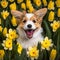 illustration of cute puppy dog ??among daffodils, flower field, created with artificial intelligence