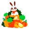 Illustration of a cute rabbit surrounded by fresh vegetables on a white background AI generated