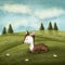 Illustration of a cute roe deer fawn resting on a grass field.