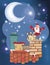 Illustration of the Cute Santa Claus and a Box of Puppies on the Roof