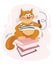 Illustration, a cute scientist ginger cat with a pencil on a stack of books. Children\\\'s illustration for school, postcar
