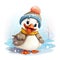 Illustration of a cute smiling duck in a knitted hat and scarf on white