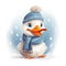 Illustration of a cute smiling duck in a knitted hat and scarf on white