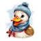 Illustration of a cute smiling duck in a knitted hat and scarf on white