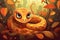 Illustration of a cute smiling snake among autumn leaves, depicting 2025 year of the snake calendar.