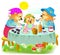 Illustration of cute three bears family eating the breakfast. Father, mother and baby sitting at the table.