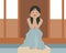 Illustration, a cute young girl in an turquoise dress sits and dreams on the threshold of the house. Print for children.