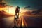 Illustration of a cyclist rolling towards the horizon at sunset, on a lonely road. Ai generated