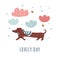 Illustration of dachshund puppy, clouds - dog walk