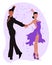 Illustration, a dancing couple, a man in black and a woman in a purple dress on an abstract background. Poster, print