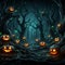 Illustration of a dark forest landscape with gnarled trees, glowing eyes of nocturnal creatures and luminous pumpkins.