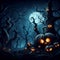 Illustration of a dark forest landscape with gnarled trees, glowing eyes of nocturnal creatures and luminous pumpkins.