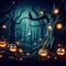 Illustration of a dark forest landscape with gnarled trees, glowing eyes of nocturnal creatures and luminous pumpkins.