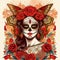 Illustration of Day of the dead female model with traditional painted skull face and headdress