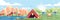 Illustration of day landscape, mountains, dawn, travel, hiking, nature, tent, campfire, camping in flat style