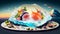 Illustration of Delicious and beautiful Fresh Tuna Slice as Sashimi or steak. with Island Theme. AI Generated