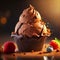 Illustration of delicious homemade chocolate ice cream melts on a chocolate cone. Generative ai