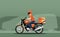 Illustration of a delivery man in motion on a motorcycle against a background of traffic