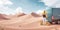 Illustration of a Deliveryman Holding Cardboard Box in Hand Standing At Van in the Middle of the Desert at Sunny Day.