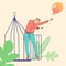 Illustration demonstrating sense of freedom. Man with balloon leaving cage