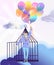 Illustration demonstrating sense of freedom. Man with bunch of balloons leaving cage