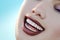 Illustration of dental care. Perfect teeth. Close-up of beautiful and healthy woman smile.