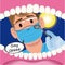 Illustration of a dentist checking a patient\\\'s mouth showing the teeth from inside the mouth and saying aah