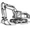 The illustration depicts a monochrome drawing of a tracked excavator featuring an elongated arm and a bucket.