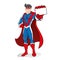 Illustration depicts superhero person doing imposing pose and holding or showing a card or something