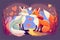 Illustration depicts wolf and fox couple love with little hearts in forest for Valentine\\\'s