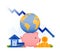 illustration design of economic crisis recession in financial banking system. investment saving piggy bank with globe and decline