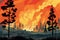 illustration of destructive impact of forest wildfire, charred trees, climate change