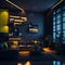 Illustration of a Dimly Lit Living Room Interior Design Concept for Advanced Buildings and Architecture